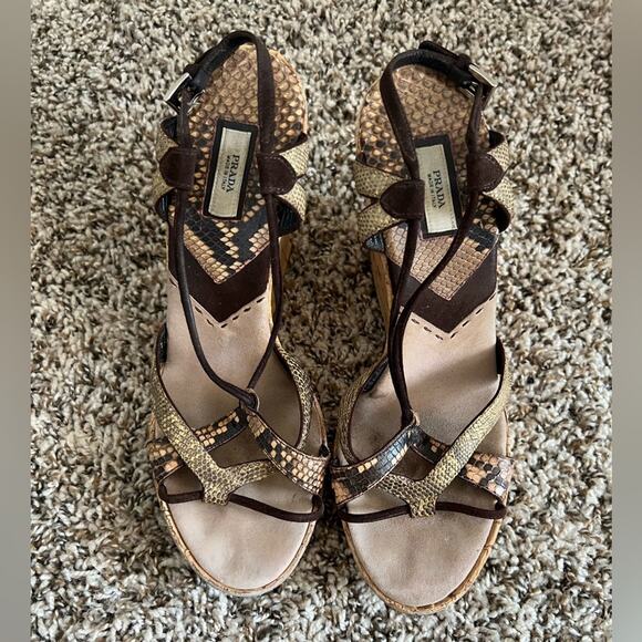 Prada Snake print strappy sandals cork wedge size 38.5 Chic Mob Wife - Picture 3 of 15